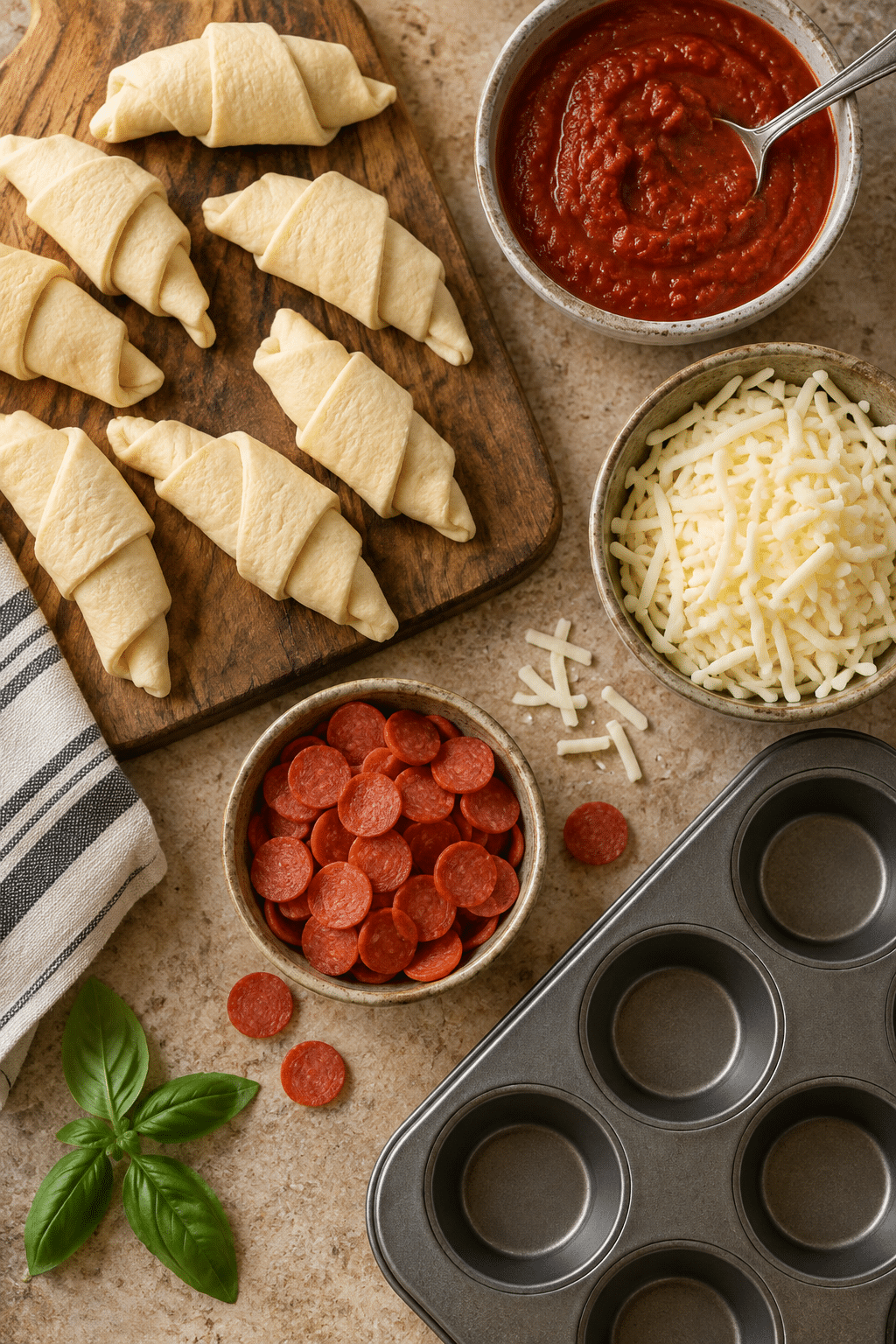 Ingredients for crescent roll pepperoni pizza cups