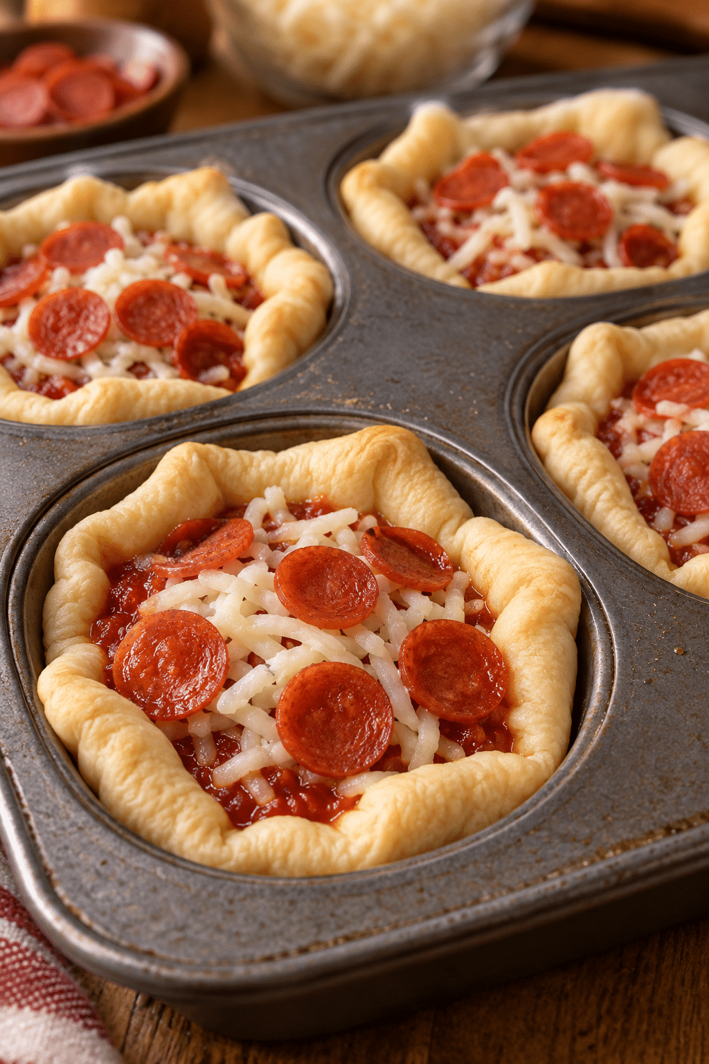 Filling crescent roll pizza cups with sauce, cheese, and pepperoni
