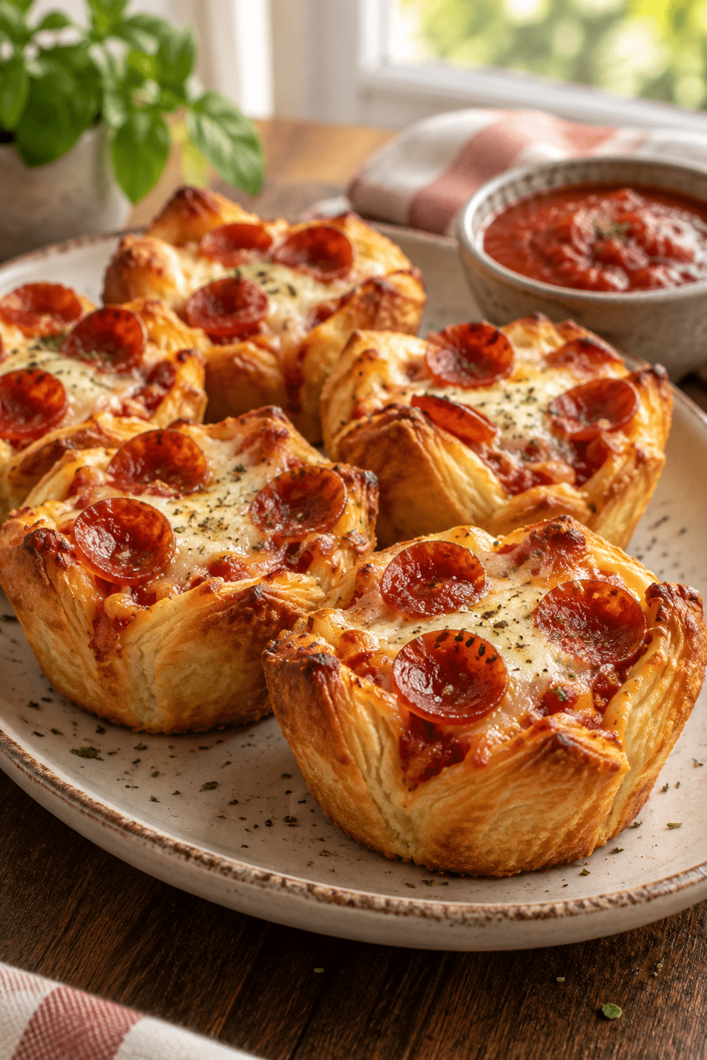 Golden crescent roll pepperoni pizza cups served warm
