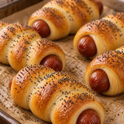 golden poppy seed pretzel dogs