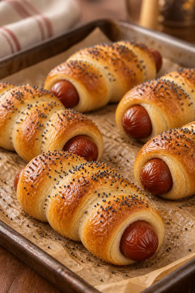 golden poppy seed pretzel dogs