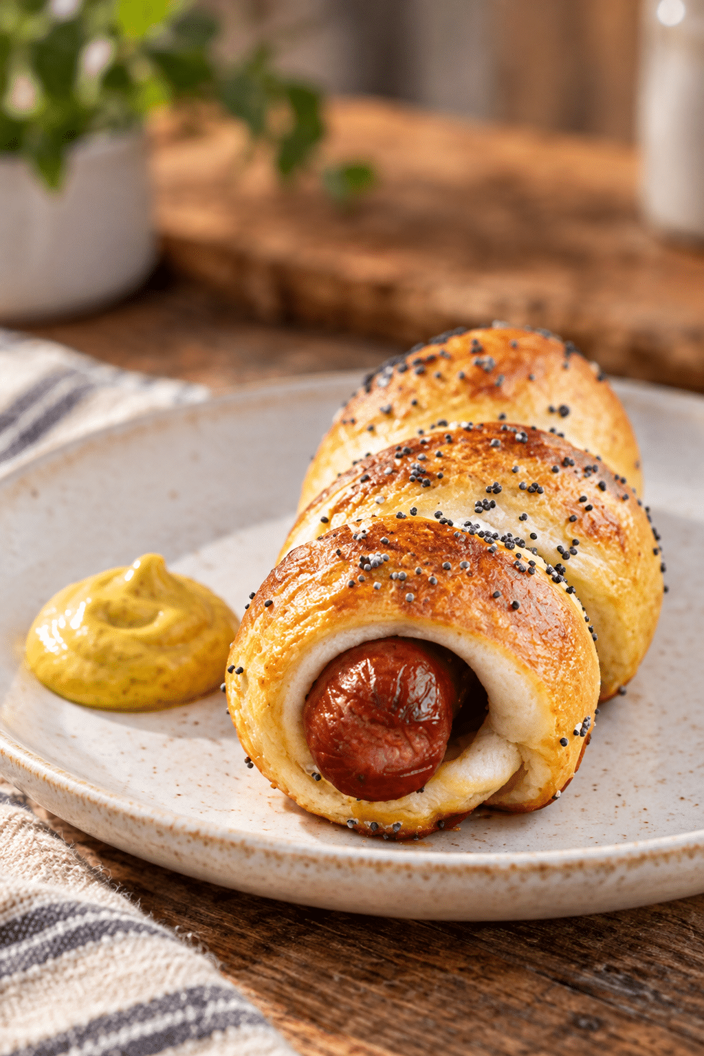 baked poppy seed pretzel dogs with mustard