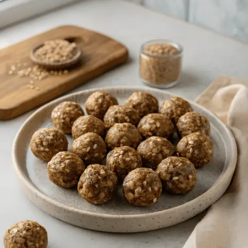 Finished pregnancy energy bites in the reserved kitchen scene