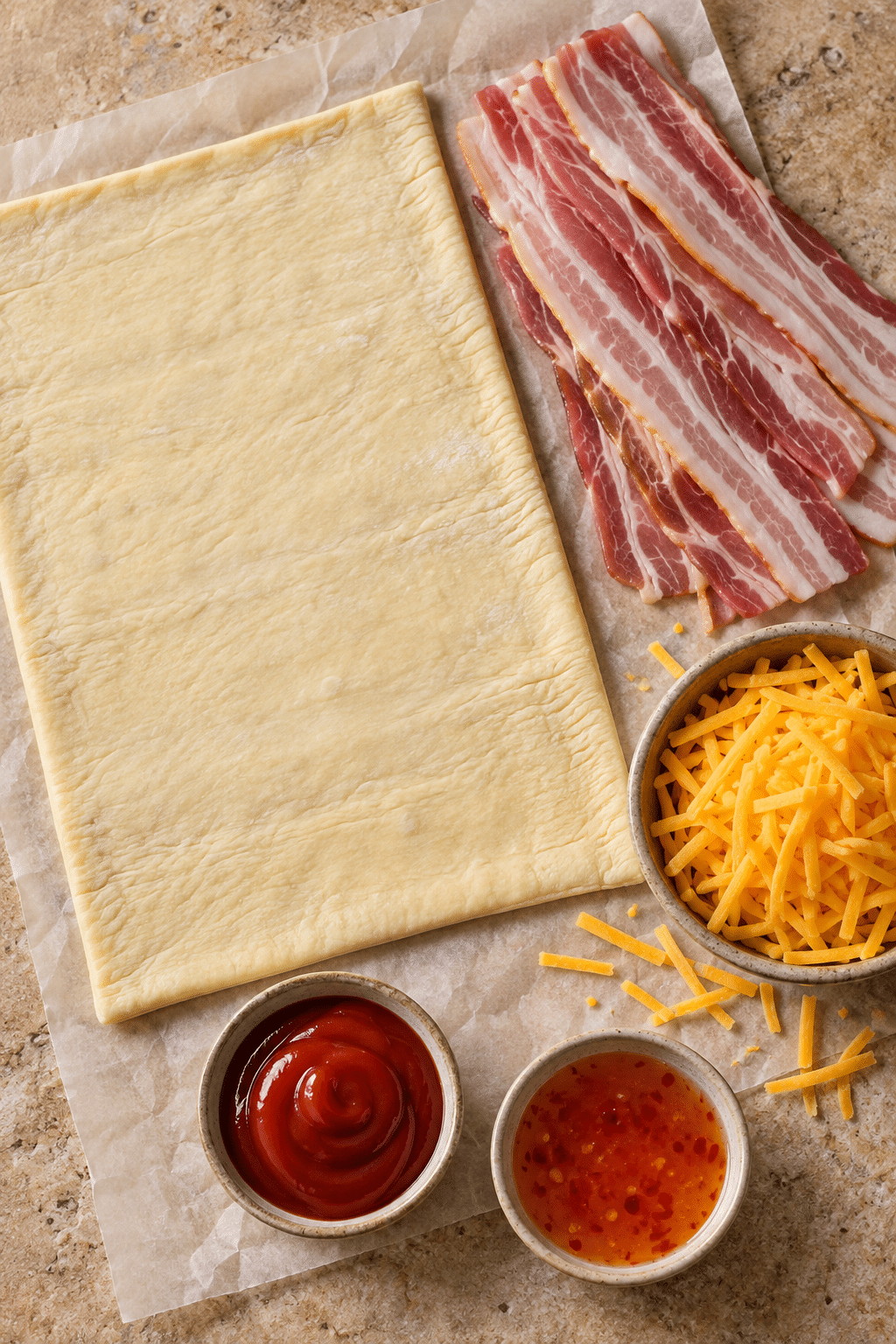 Ingredients for puff pastry bacon pinwheels with cheddar