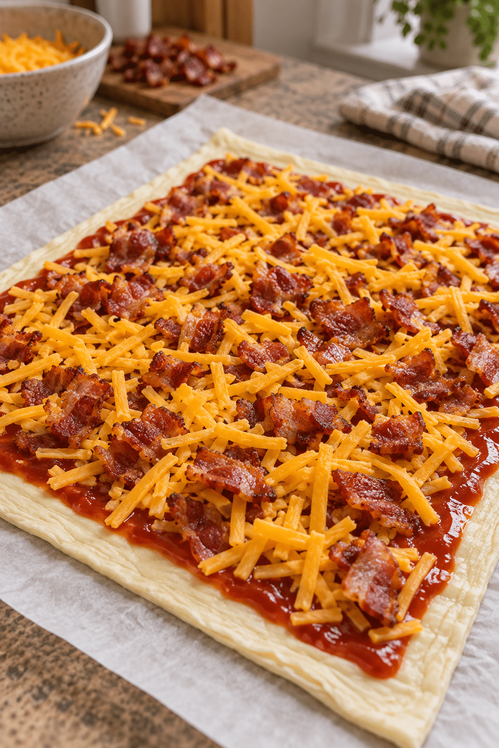 Preparing puff pastry bacon pinwheels with bacon and cheddar