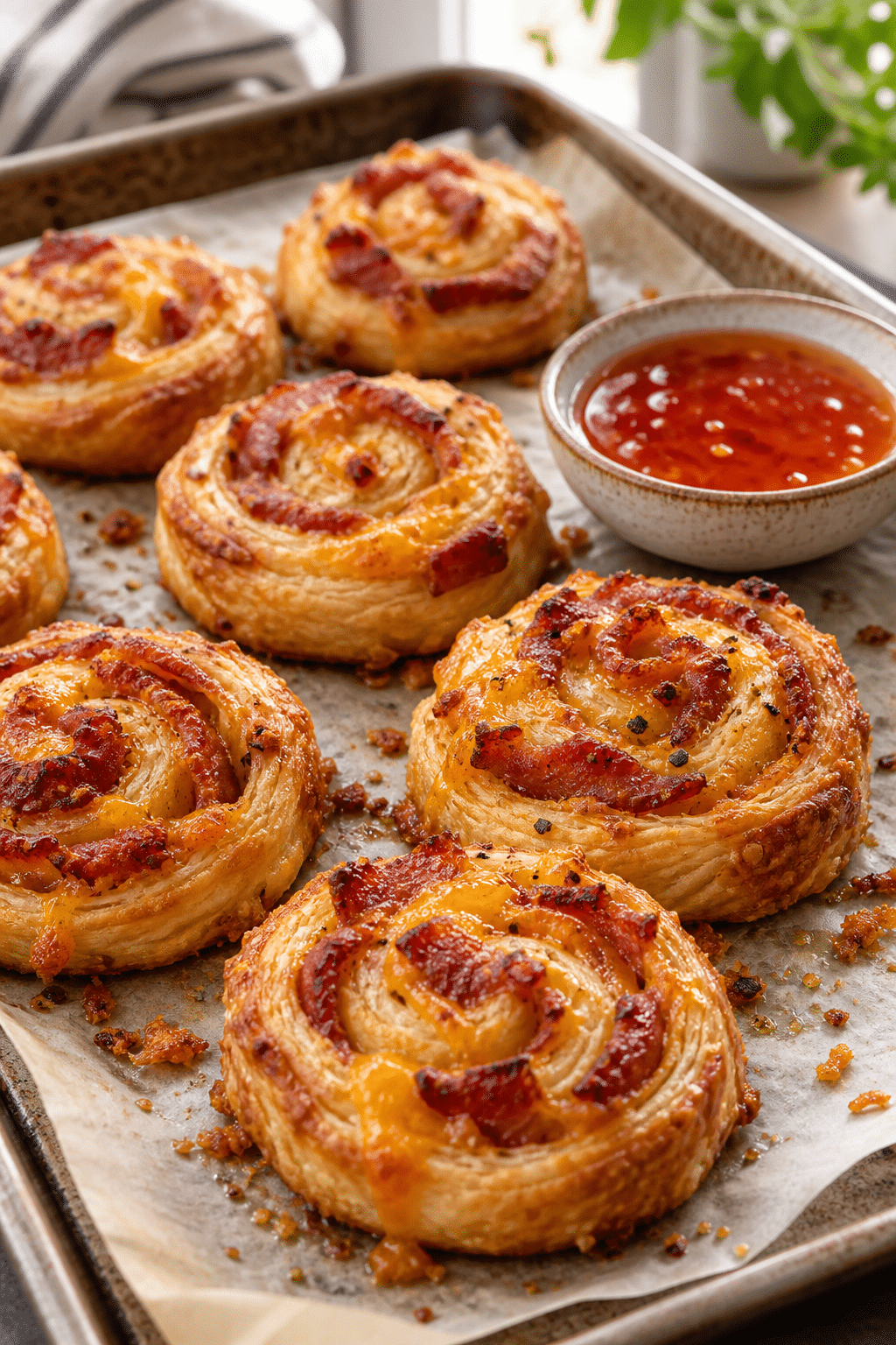 Golden puff pastry bacon pinwheels with cheddar
