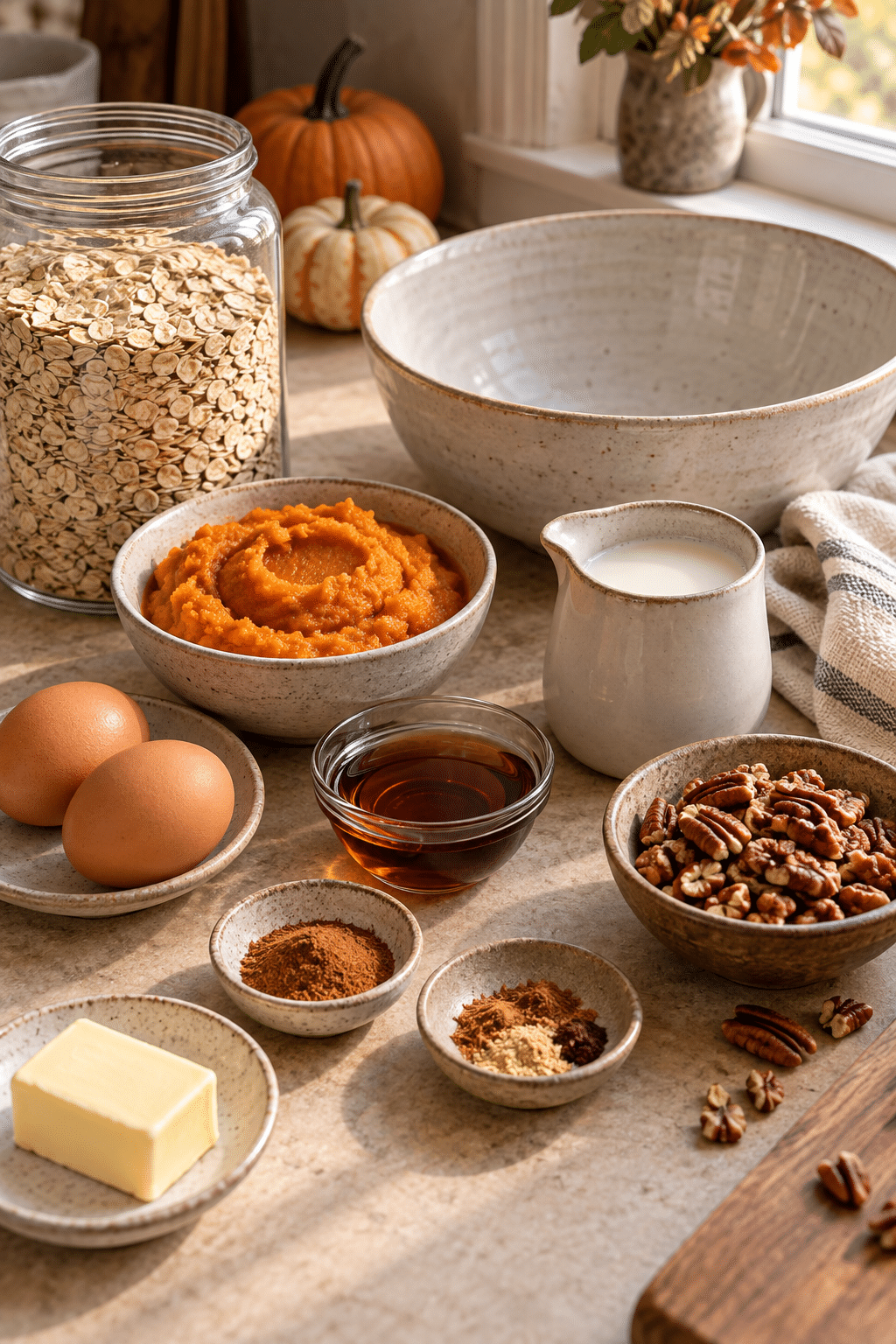 pumpkin baked oatmeal ingredients measured and arranged