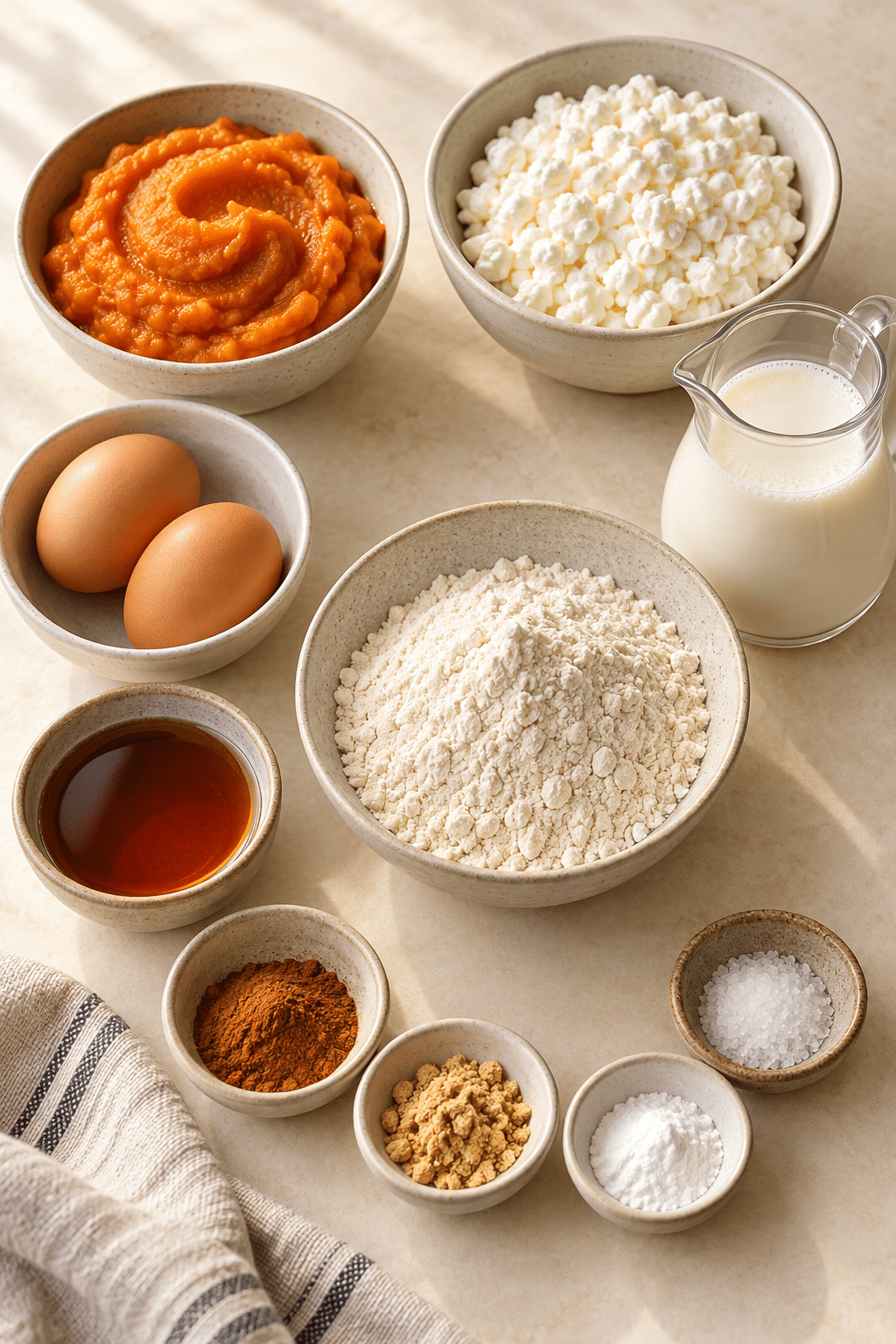 Pumpkin cottage cheese pancakes ingredients measured and arranged