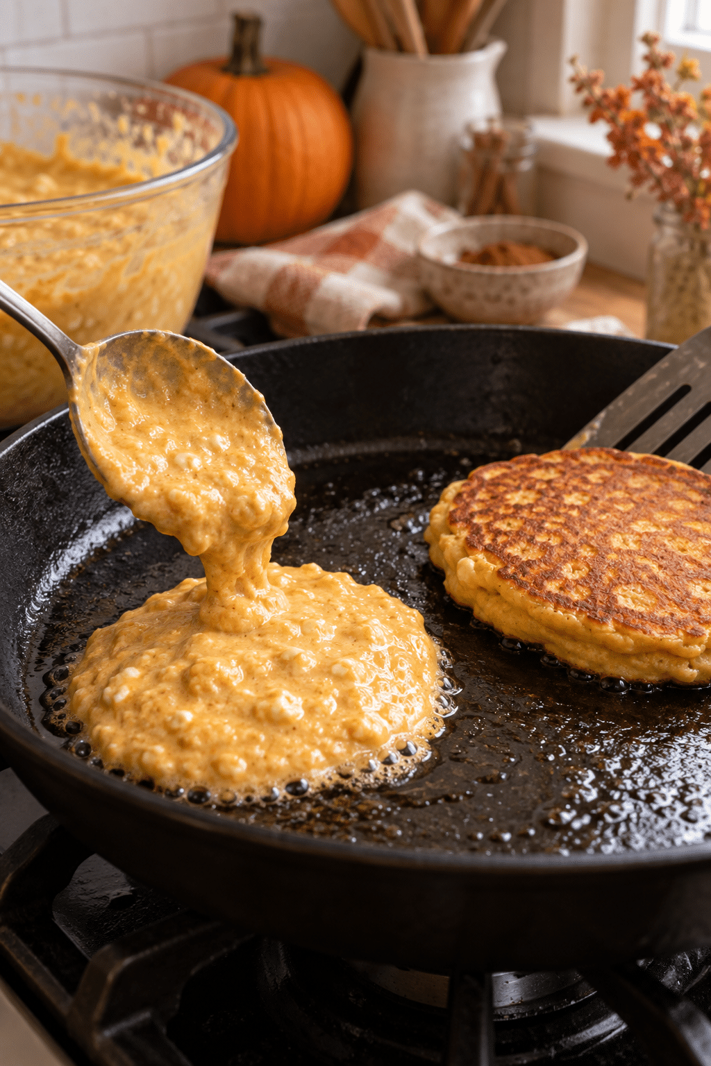 Pumpkin cottage cheese pancake batter cooking in a skillet