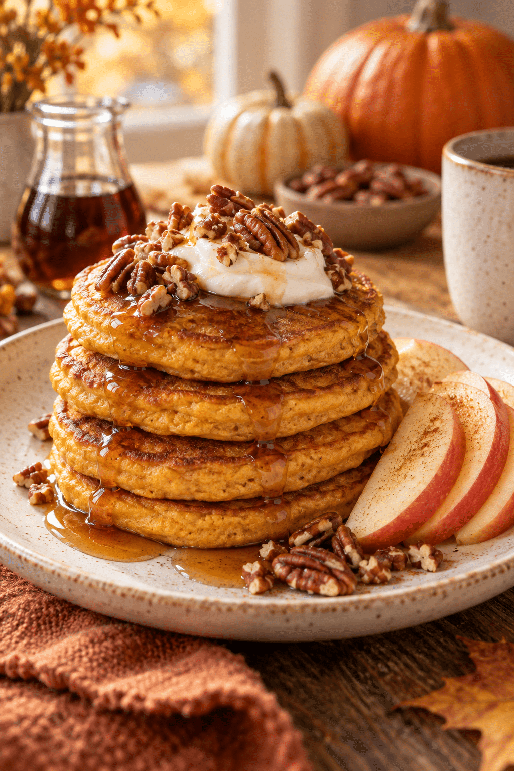 Stack of finished pumpkin cottage cheese pancakes with maple syrup