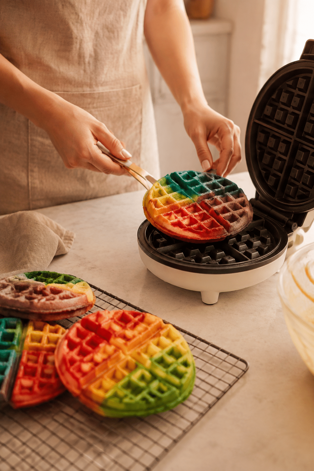 Preparing rainbow waffles step by step