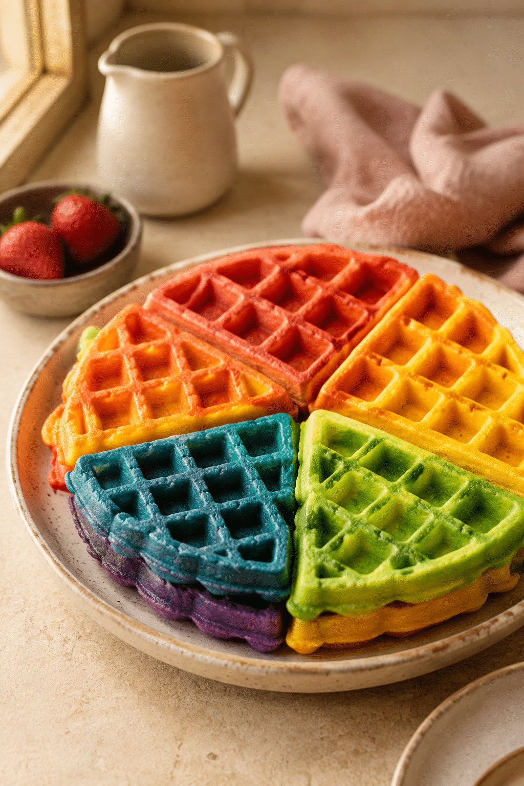 Finished rainbow waffles shown close up