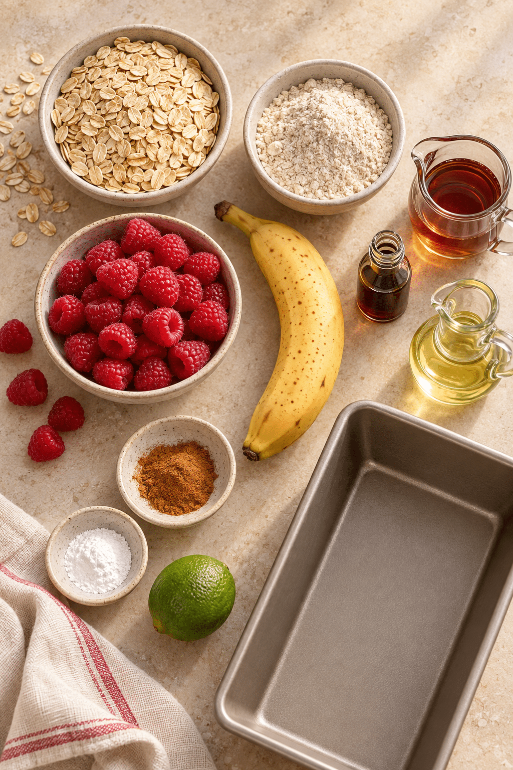 ingredients for raspberry oat bars arranged on a counter