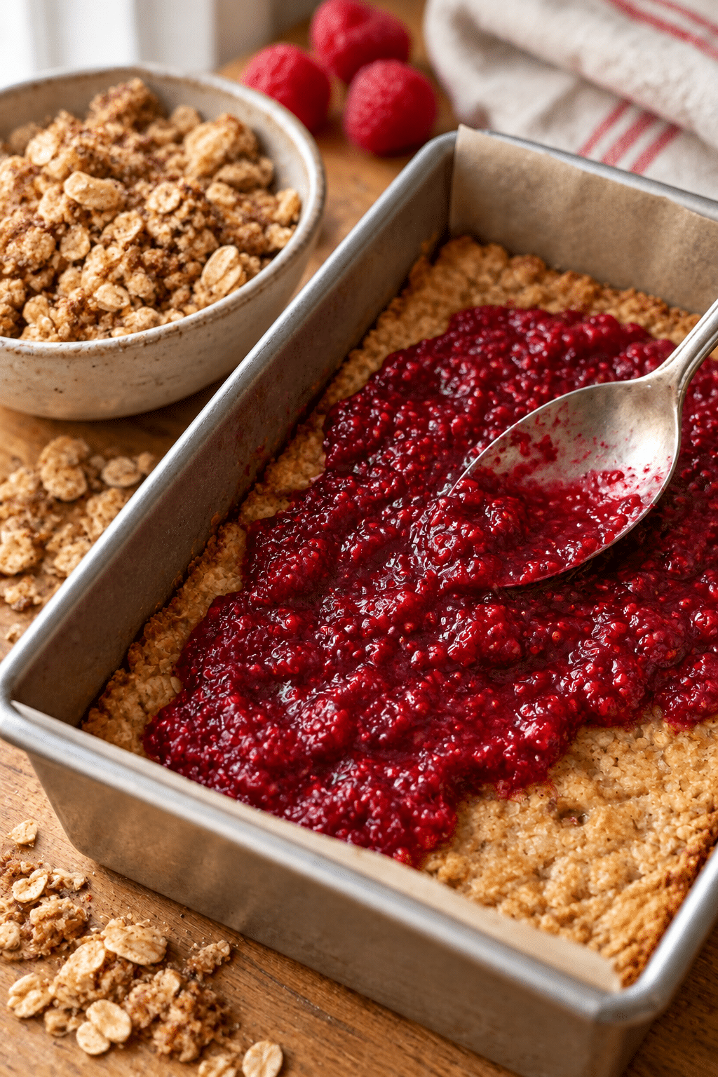 raspberry oat bars being layered before baking