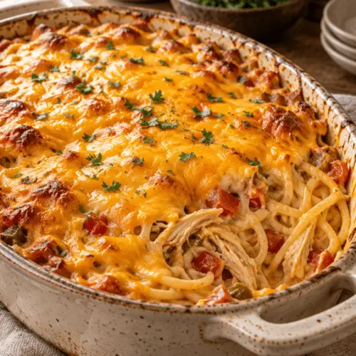 rotel chicken spaghetti casserole with cheddar
