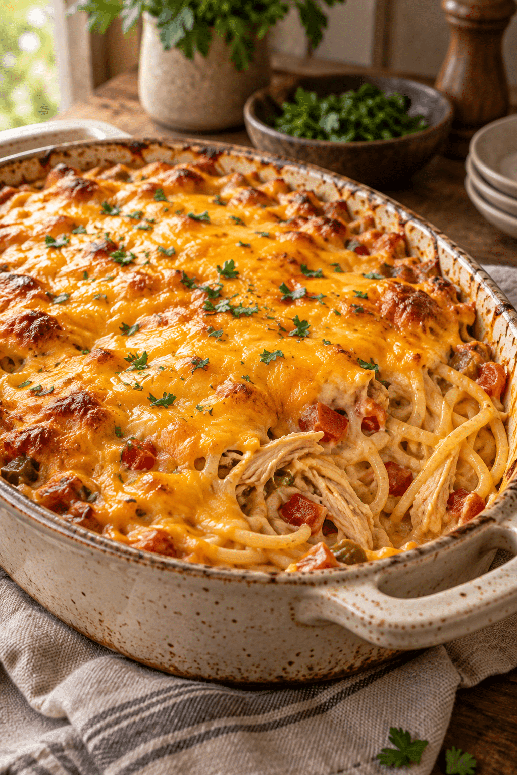 rotel chicken spaghetti casserole with cheddar