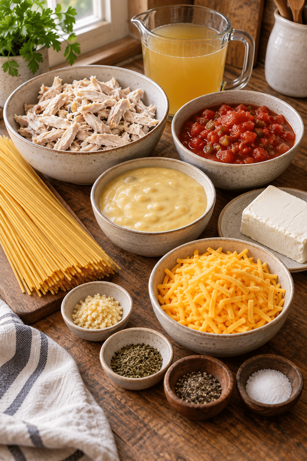 rotel chicken spaghetti ingredients measured and arranged