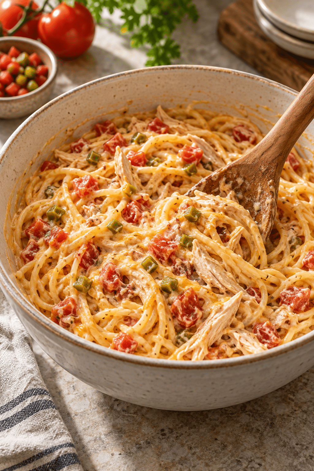 rotel chicken spaghetti preparation in progress