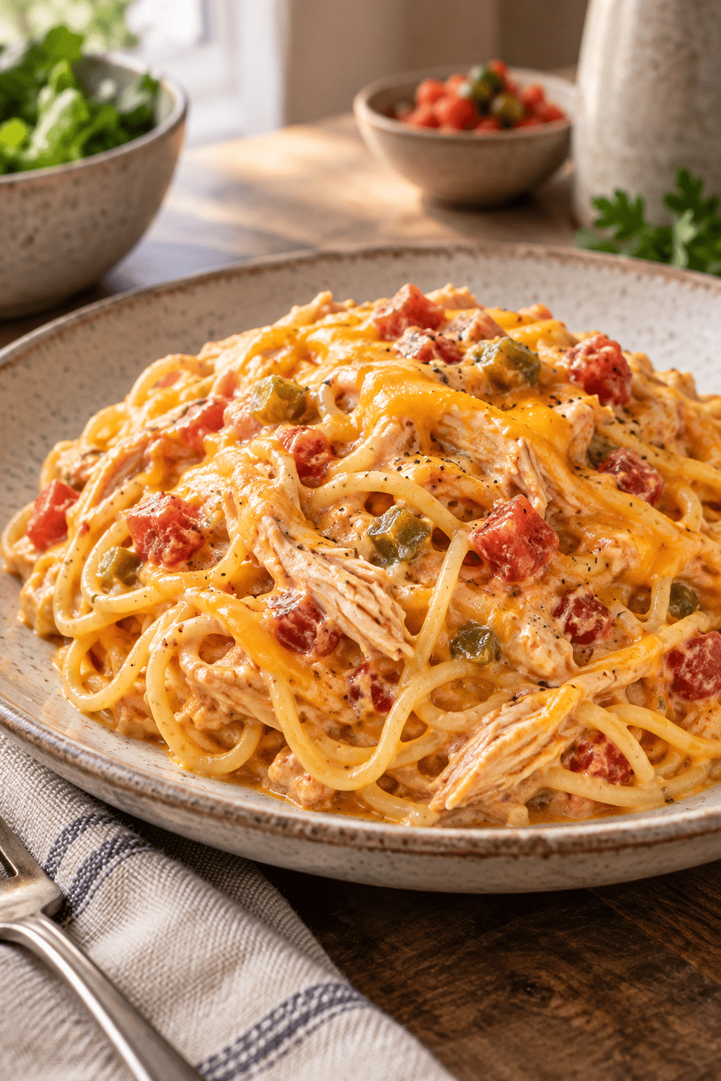 rotel chicken spaghetti served hot with cheddar