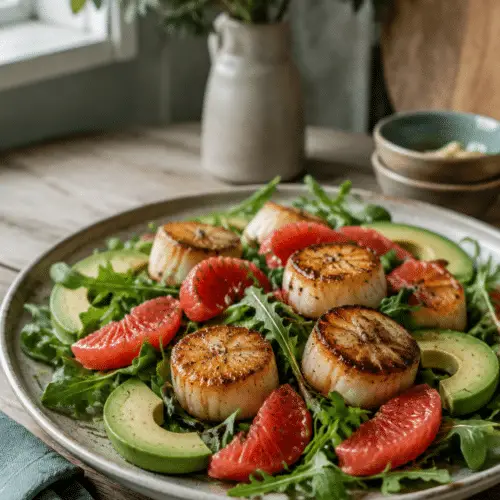 seared scallops with grapefruit avocado salad finished and ready to serve