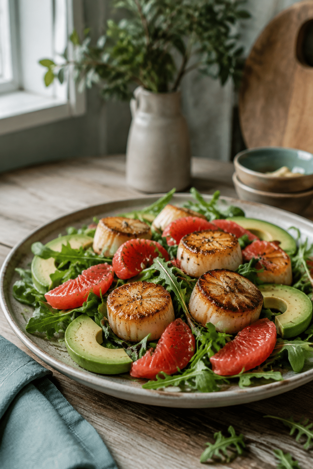 seared scallops with grapefruit avocado salad finished and ready to serve