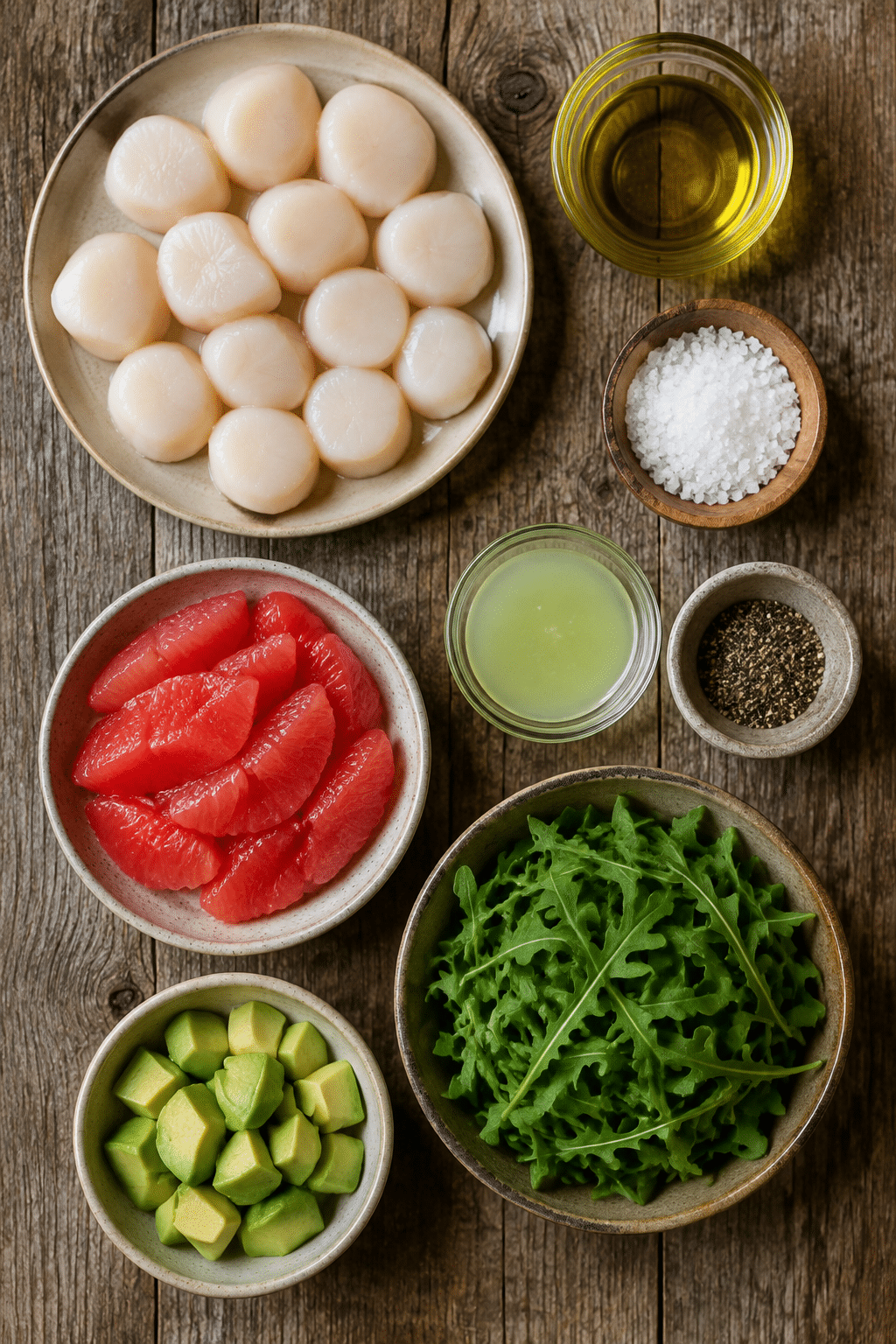 seared scallops with grapefruit avocado salad ingredients measured and arranged