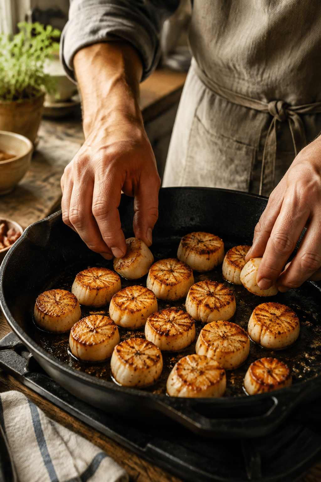 seared scallops with grapefruit avocado salad preparation in progress