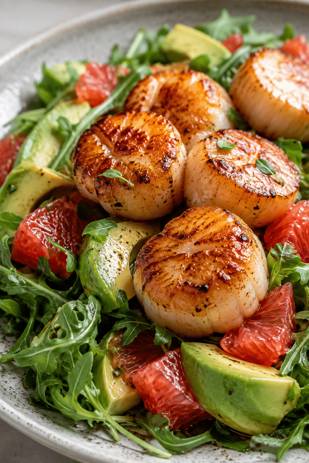 seared scallops with grapefruit avocado salad served with a polished finish