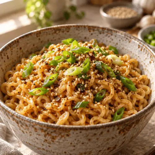 sesame garlic ramen noodles in a bowl
