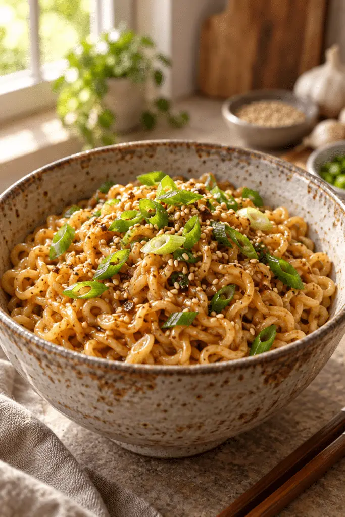 sesame garlic ramen noodles in a bowl