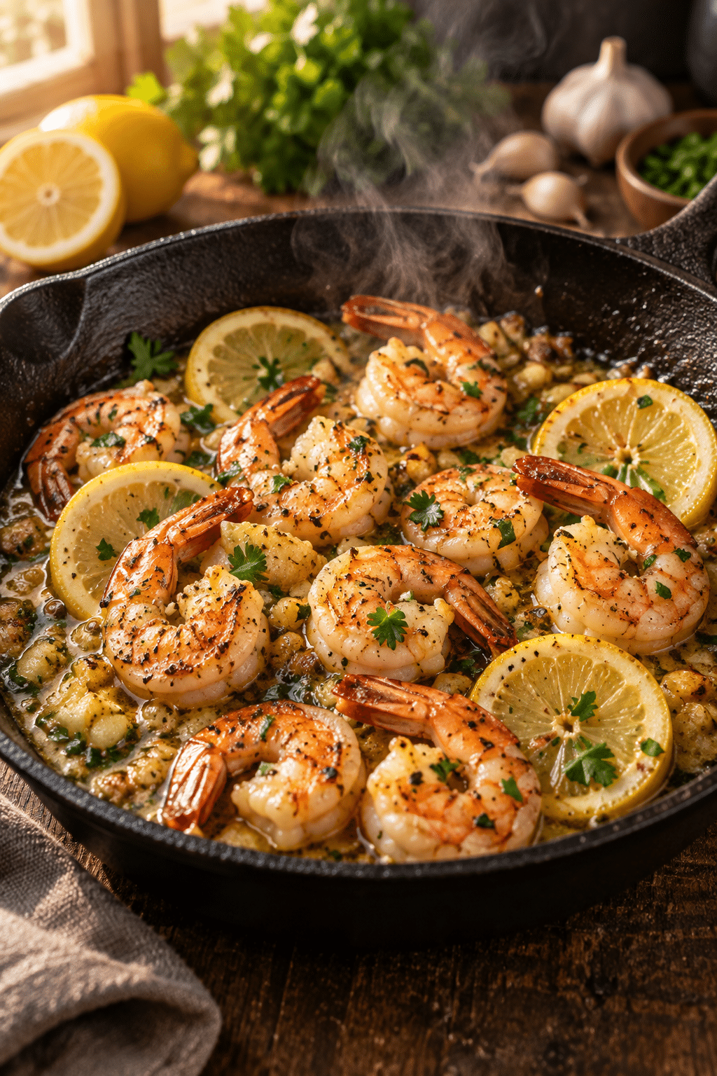Shrimp cooking in garlic lemon scampi sauce