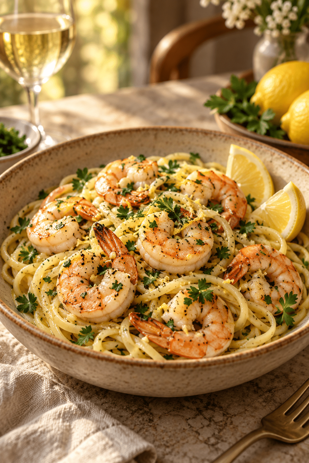 Finished shrimp scampi with linguine and parsley