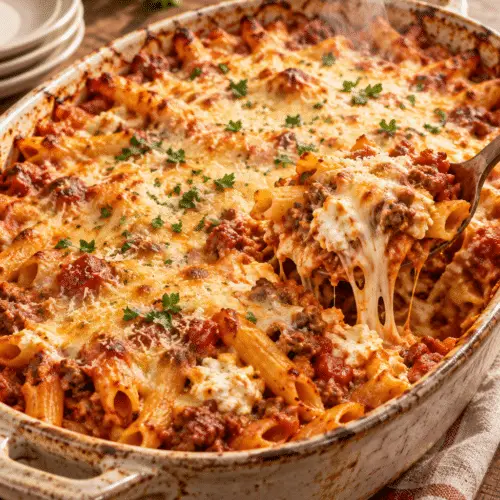 slow cooker baked ziti finished casserole