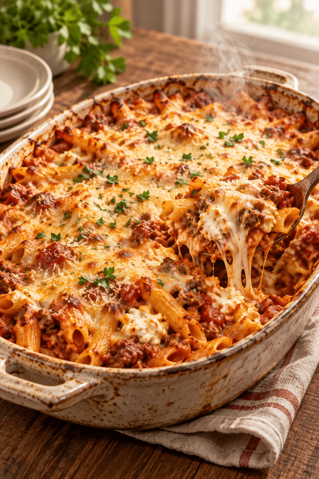 slow cooker baked ziti finished casserole
