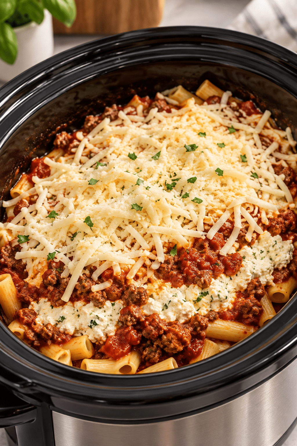 Layering slow cooker baked ziti