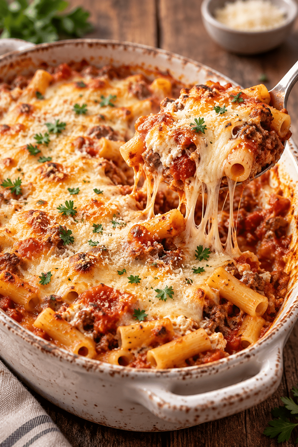 Cheesy slow cooker baked ziti ready to serve