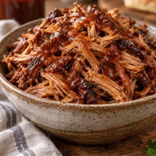 Slow cooker pulled pork in a serving bowl