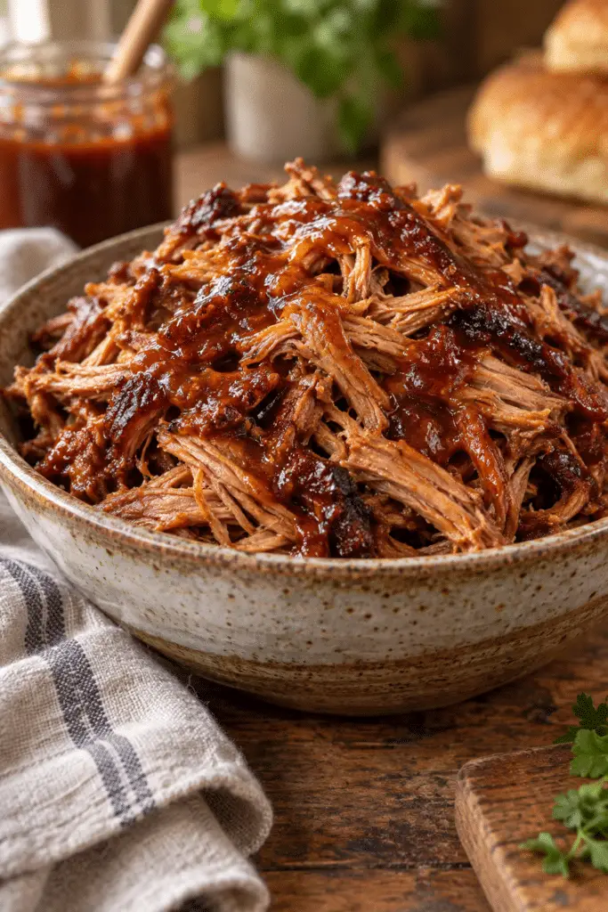 Slow cooker pulled pork in a serving bowl