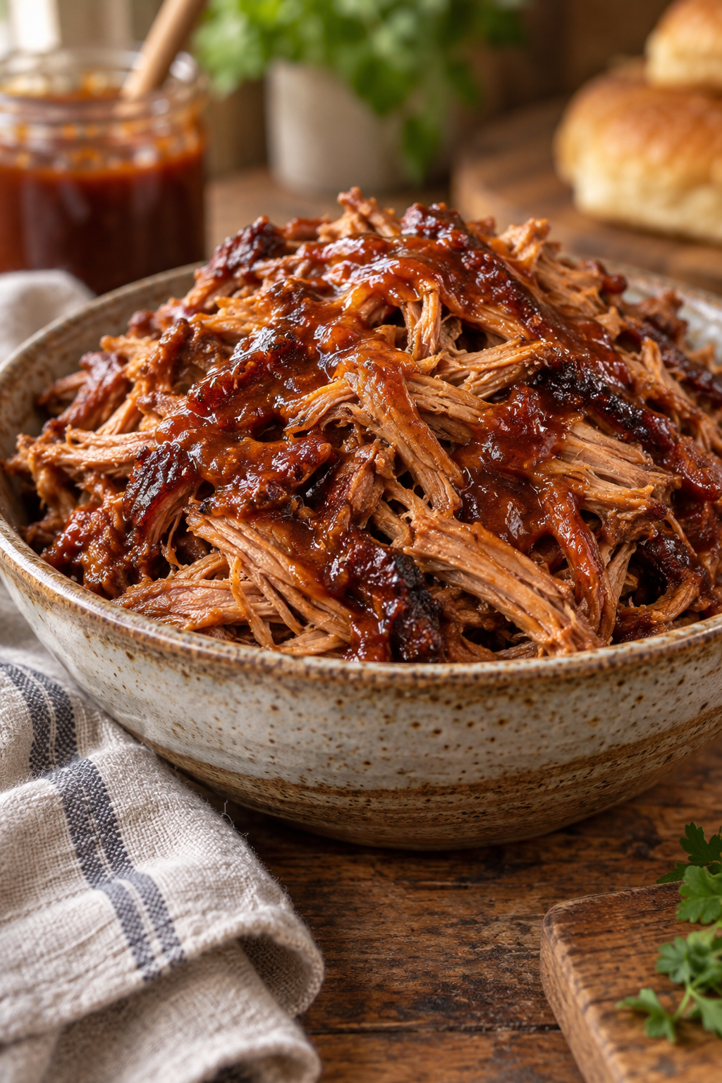 Slow cooker pulled pork in a serving bowl