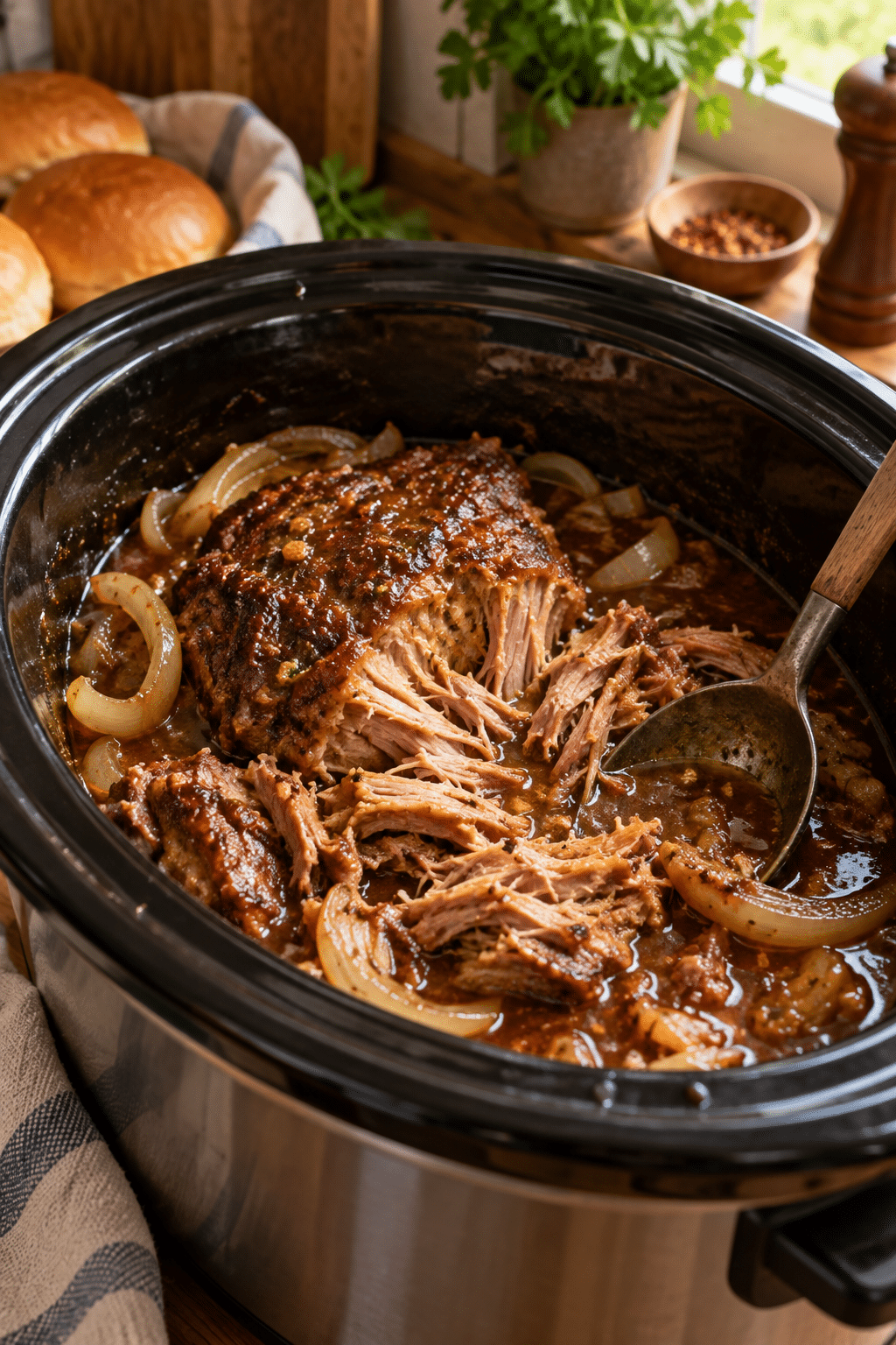 Slow cooker pulled pork preparation in progress