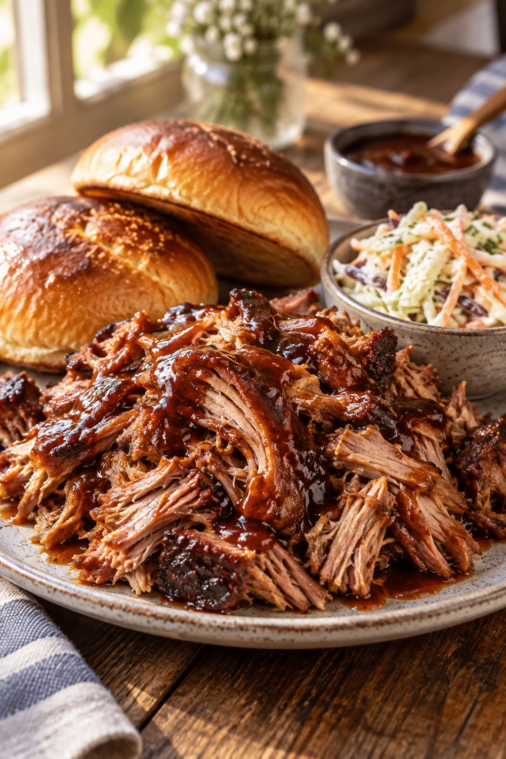Shredded slow cooker pulled pork ready to serve