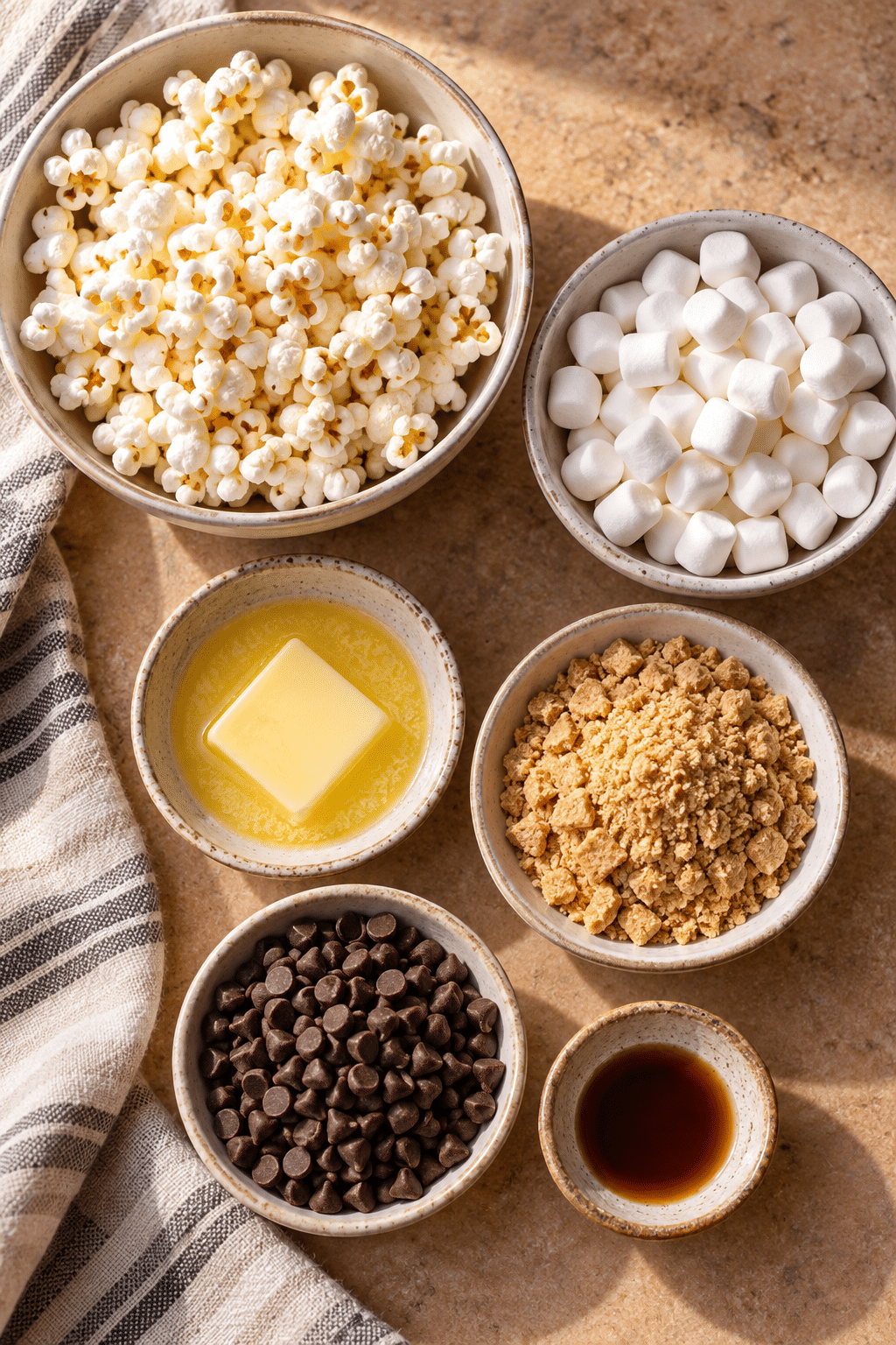 S'mores bites ingredients arranged with popcorn and graham crackers