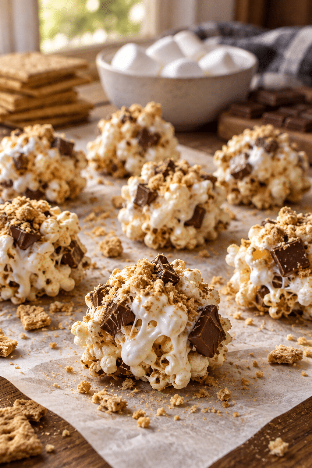 Making s'mores bites with marshmallow-coated popcorn