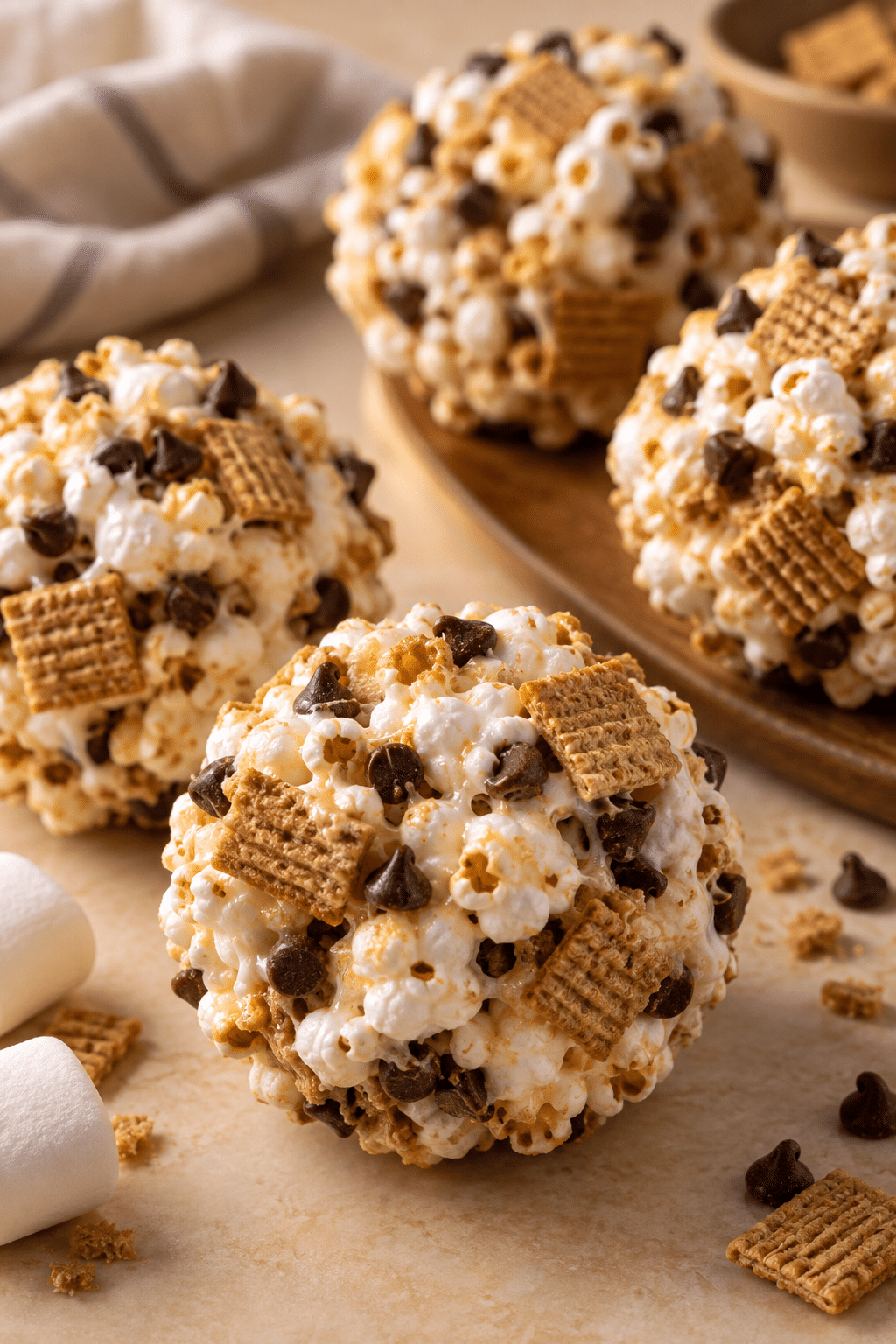 Ingredients for s'mores popcorn balls including popcorn, graham cereal, marshmallows, and chocolate chips