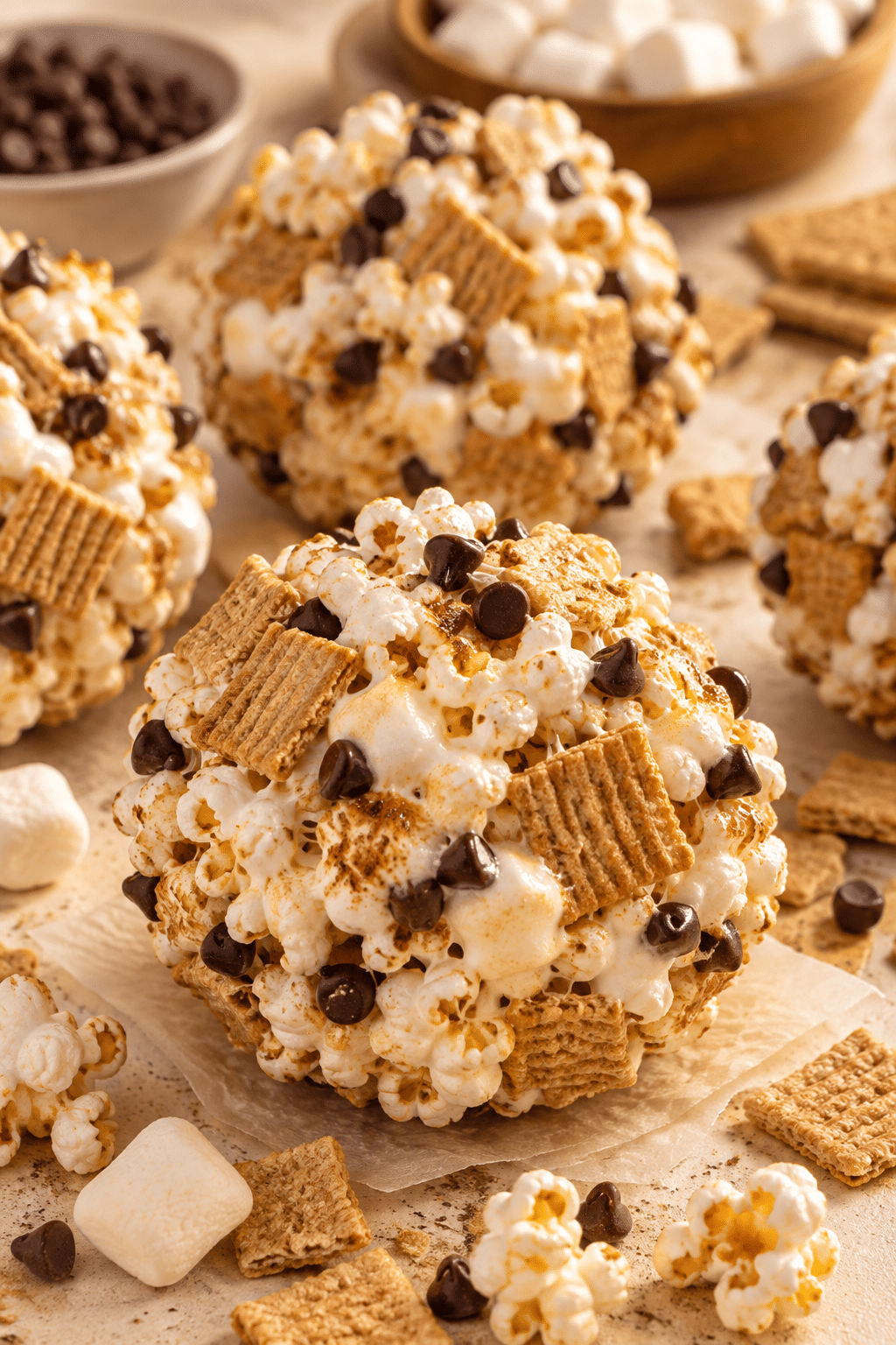 Warm marshmallow mixture being folded with popcorn and Golden Grahams for s'mores popcorn balls