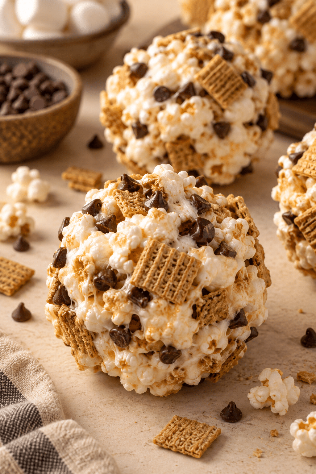Finished s'mores popcorn balls with chocolate chips and Golden Grahams
