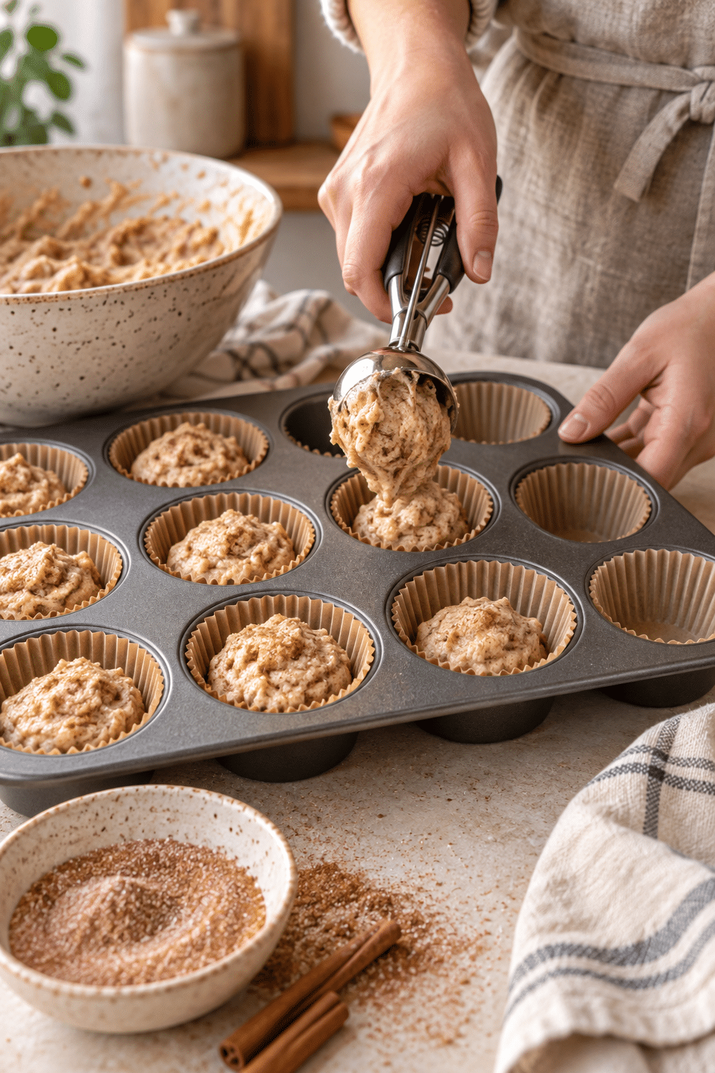 snickerdoodle muffin batter in lined muffin pan