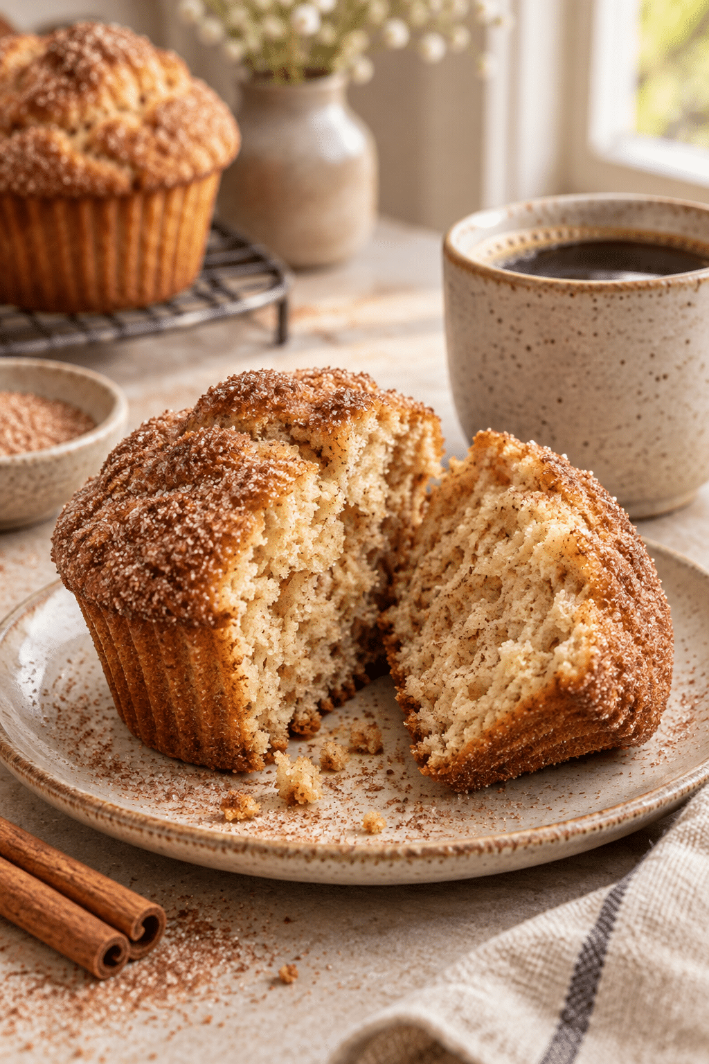 snickerdoodle muffin split to show tender crumb