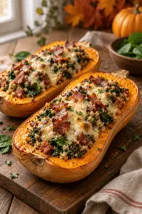 stuffed butternut squash with spinach bacon and cheese