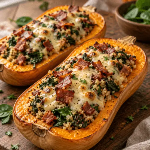 stuffed butternut squash with spinach bacon and cheese